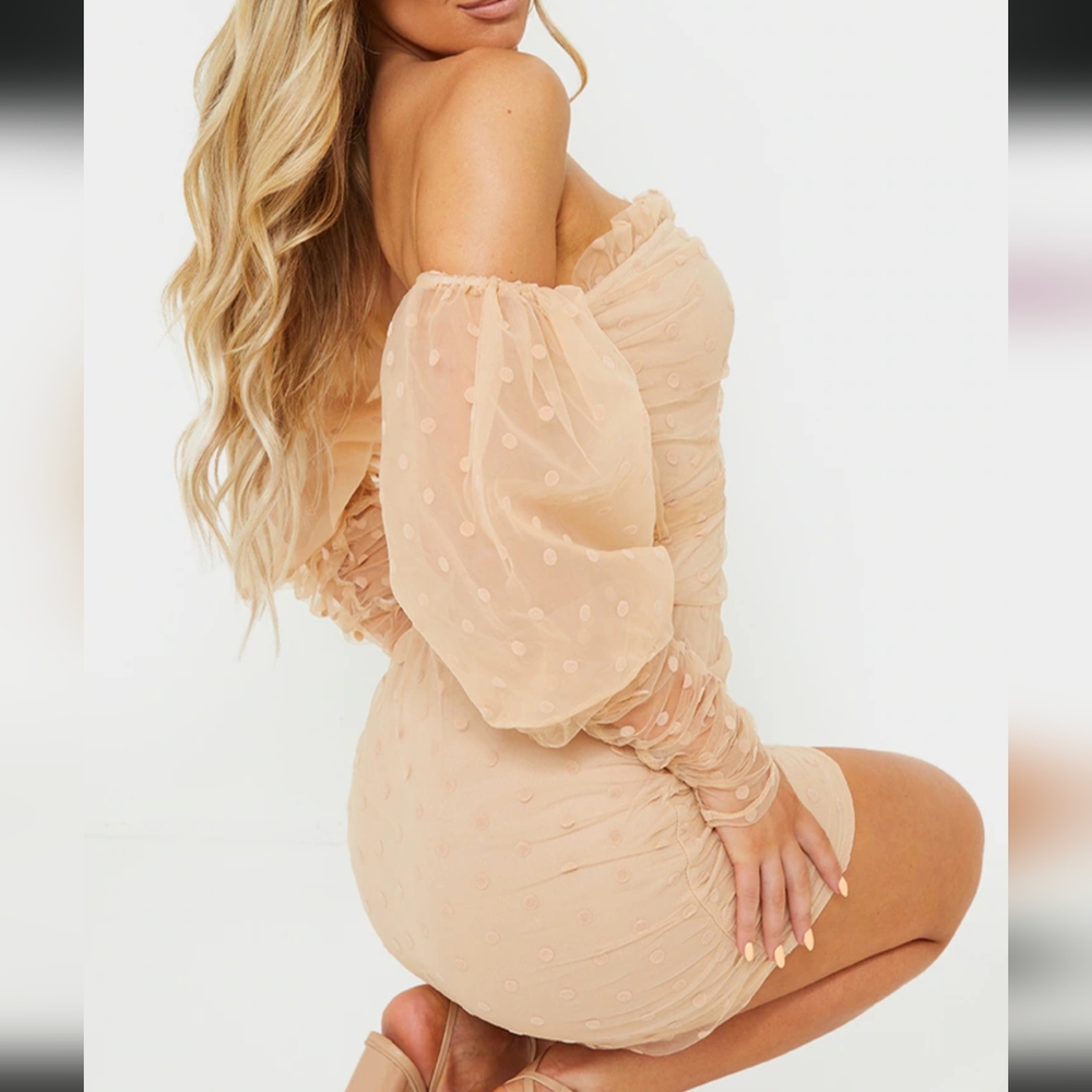 PLT Nude Polka Dot Mesh Puff Sleeve Bardot Bodycon Dress US 2